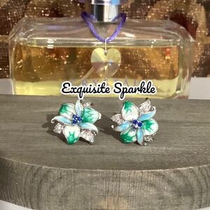 Green Blue Enamel Floral Lilly Huggie Earrings 925 Silver Flower Earrings